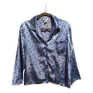 Shut Eye Top Womens Size Large Blue ButtonUp LongSleeve‎ Floral Pattern